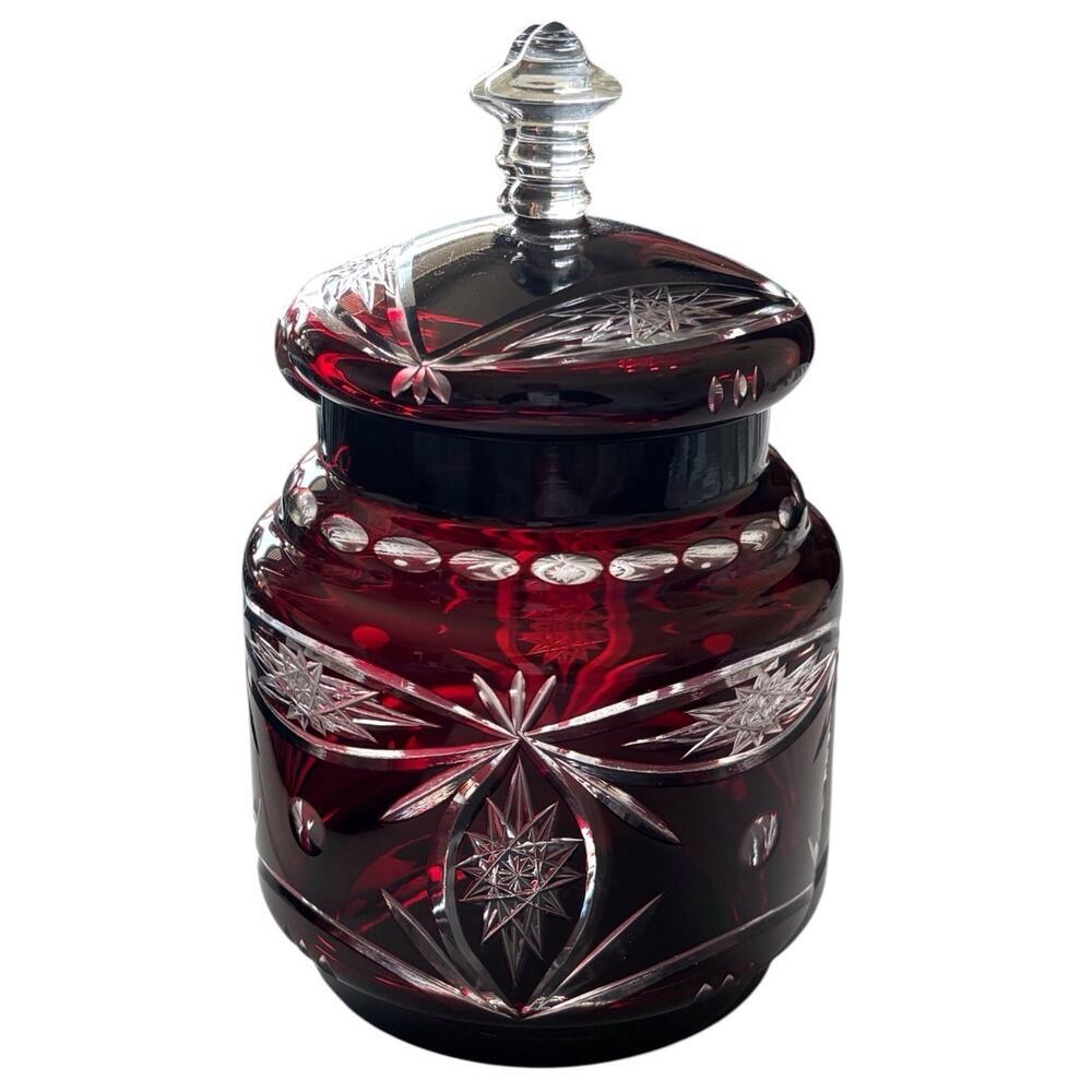 Bohemian Ruby Cut To Clear Glass 8 1/2 inch tall Bisquit Jar Vtg